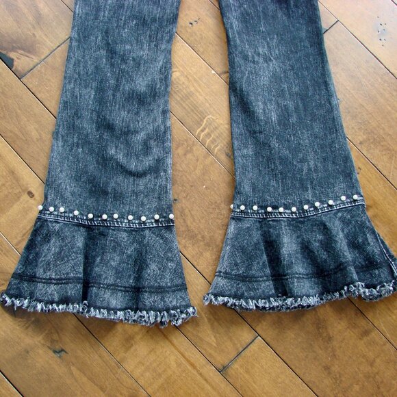 Flare Jeans Pearl Detailing Raw Hem Black Gray Boho Hippie Festival Wide Leg 6 - Picture 13 of 15